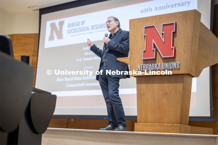 Rob Santos, the Director of the US Census Bureau, speaks to an audience about Rural Data Information for Bureau of Sociological Research's 60th Anniversary. March 20, 2024. Photo by Kristen Labadie / University Communication.